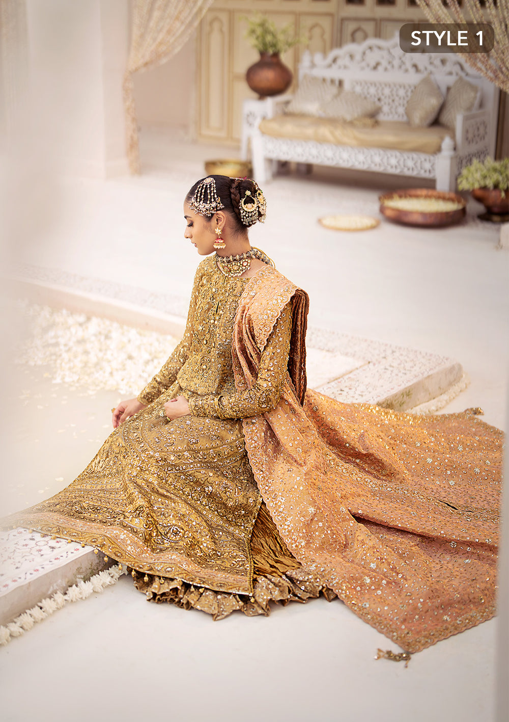 Aik Atelier Wedding Festive 24 Vol 2 LOOK 01 – Indian Gold Pakistani Dress with intricate embroidery and embellishments. Shop elegant Asian dresses at Maria Faisal.
