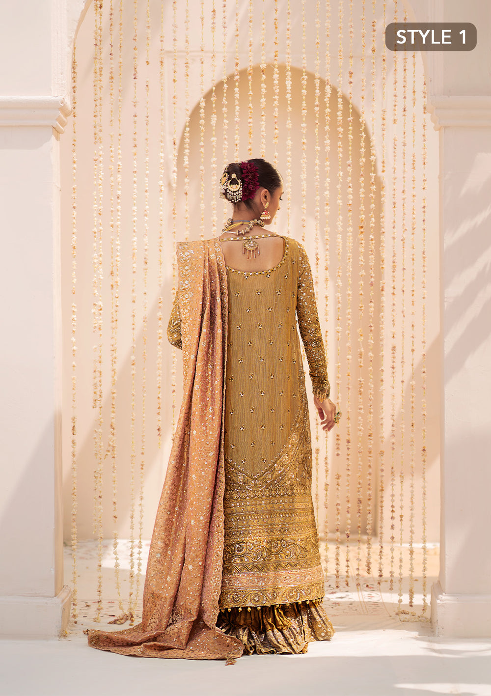 Aik Atelier Wedding Festive 24 Vol 2 LOOK 01 – Indian Gold Pakistani Dress with intricate embroidery and embellishments. Shop elegant Asian dresses at Maria Faisal.