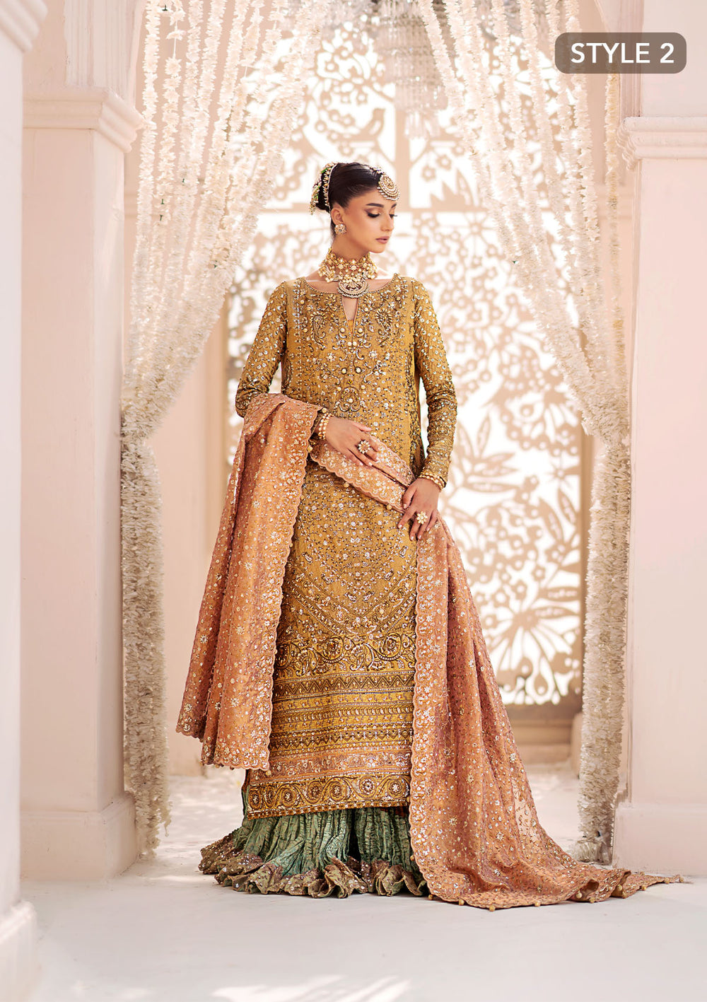 Aik Atelier Wedding Festive 24 Vol 2 LOOK 01 – Indian Gold Pakistani Dress with intricate embroidery and embellishments. Shop elegant Asian dresses at Maria Faisal.
