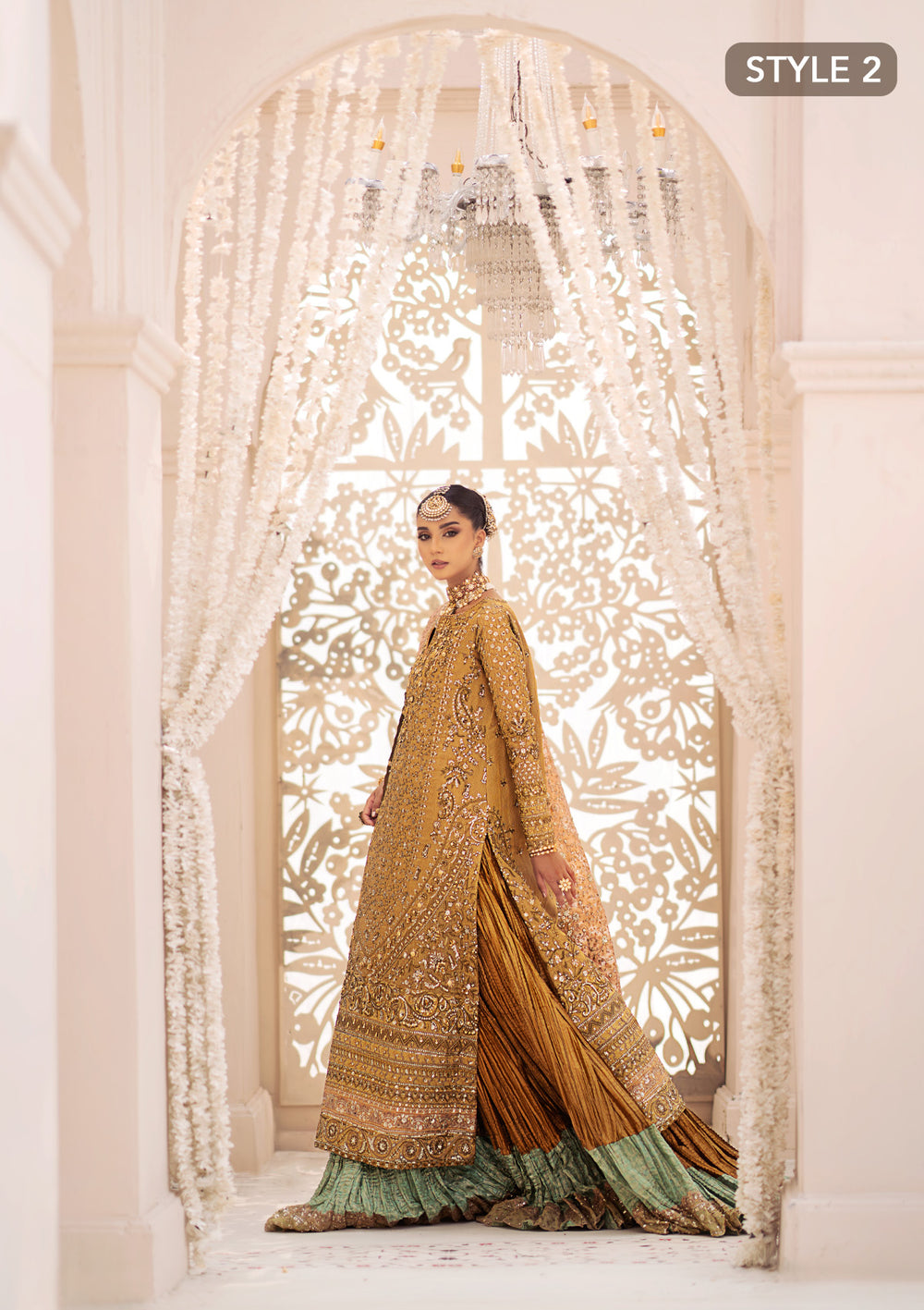 Aik Atelier Wedding Festive 24 Vol 2 LOOK 01 – Indian Gold Pakistani Dress with intricate embroidery and embellishments. Shop elegant Asian dresses at Maria Faisal.