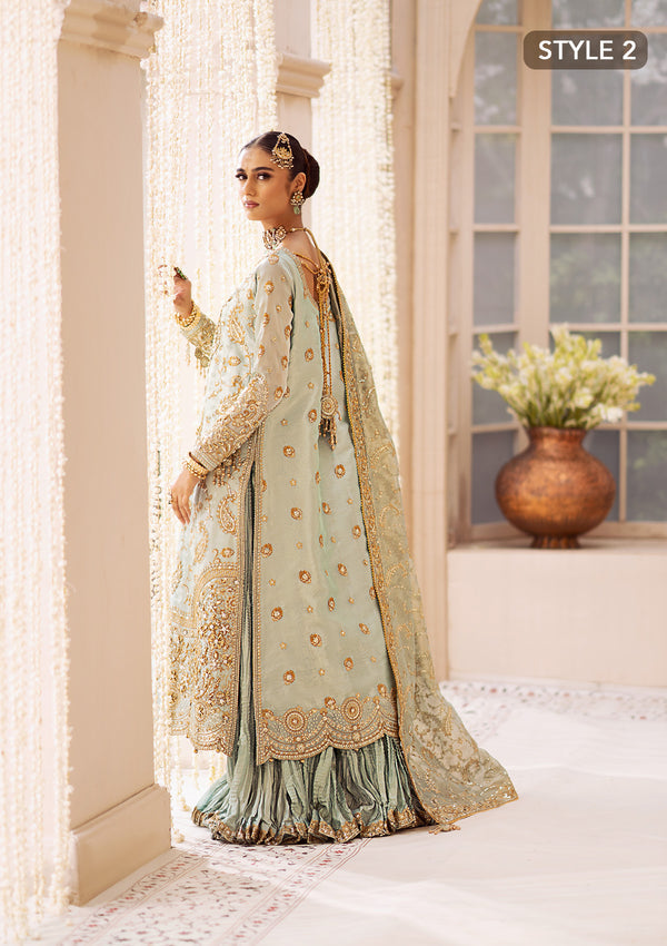 Aik Atelier Wedding Festive 24 Vol 2 LOOK 03 – Ice Blue Pakistani Dress with intricate embroidery and embellishments. Shop elegant Asian dresses at Maria Faisal.