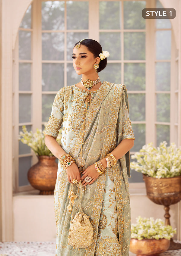 Aik Atelier Wedding Festive 24 Vol 2 LOOK 03 – Ice Blue Pakistani Dress with intricate embroidery and embellishments. Shop elegant Asian dresses at Maria Faisal.