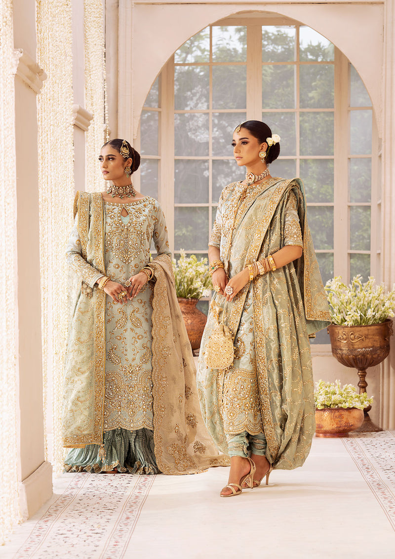 Aik Atelier Wedding Festive 24 Vol 2 LOOK 03 – Ice Blue Pakistani Dress with intricate embroidery and embellishments. Shop elegant Asian dresses at Maria Faisal.