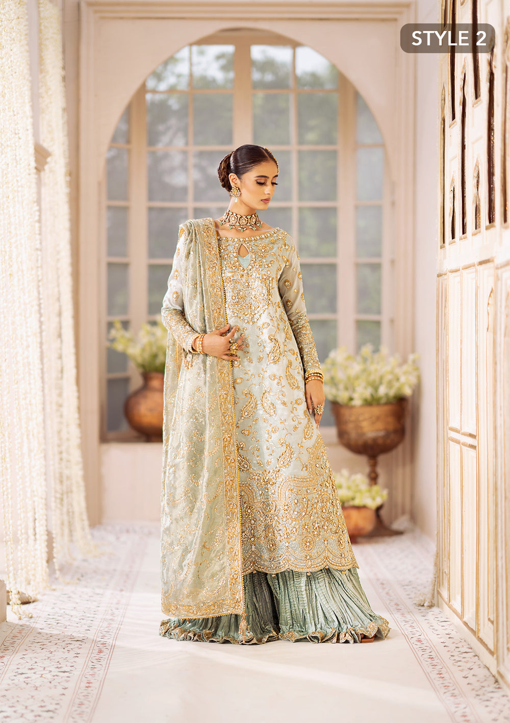 Aik Atelier Wedding Festive 24 Vol 2 LOOK 03 – Ice Blue Pakistani Dress with intricate embroidery and embellishments. Shop elegant Asian dresses at Maria Faisal.