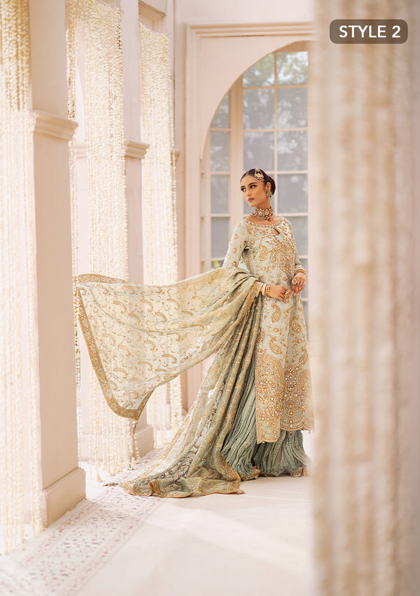 Aik Atelier Wedding Festive 24 Vol 2 LOOK 03 – Ice Blue Pakistani Dress with intricate embroidery and embellishments. Shop elegant Asian dresses at Maria Faisal.