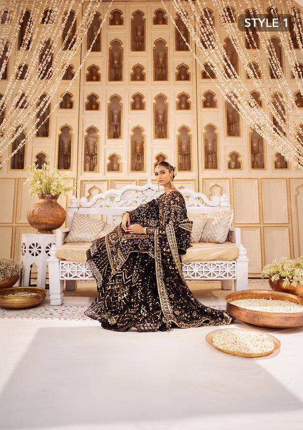 Aik Atelier Wedding Festive 24 Vol 2 LOOK 07 – Black Pakistani Dress with intricate embroidery and embellishments. Shop elegant Asian dresses at Maria Faisal.