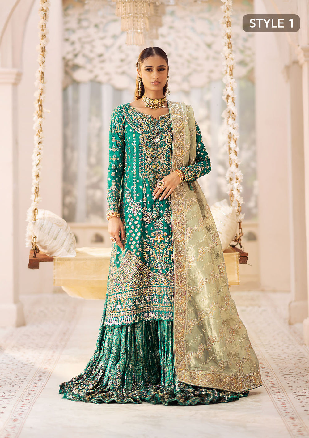 Aik Atelier Wedding Festive 24 Vol 2 LOOK 09 – Emerald Green Pakistani Dress with intricate embroidery and embellishments. Shop elegant Asian dresses at Maria Faisal.