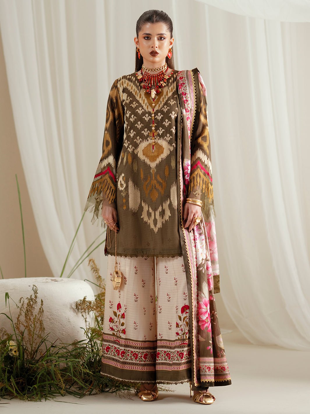 Bin Ilyas | Eres Bonita Viscose 25 | 1102 - B - is Olive Green dress from Bin Ilyas - Ladies Clothes - Maria Faisal