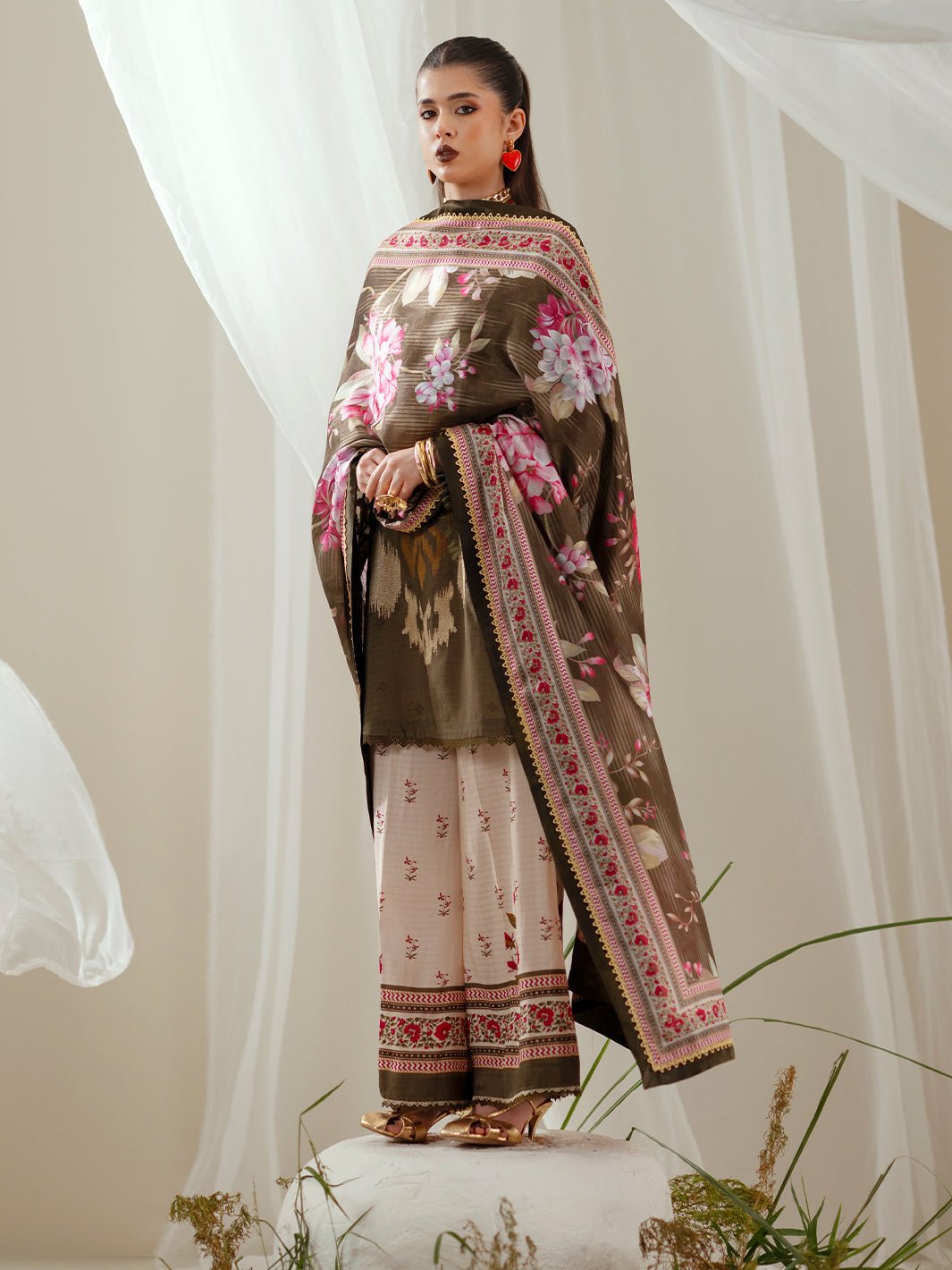 Bin Ilyas | Eres Bonita Viscose 25 | 1102 - B - is Olive Green dress from Bin Ilyas - Ladies Clothes - Maria Faisal