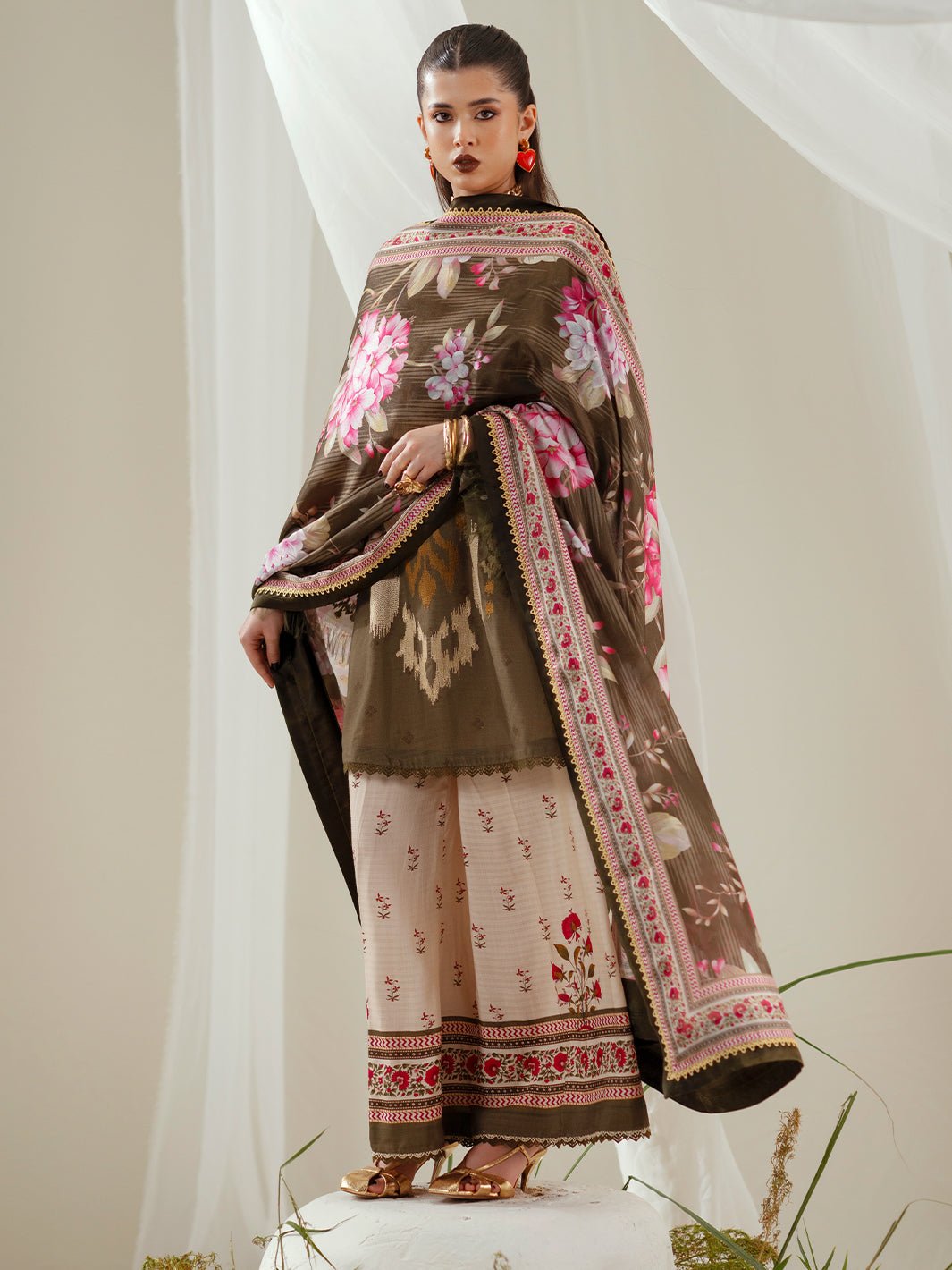 Bin Ilyas | Eres Bonita Viscose 25 | 1102 - B - is Olive Green dress from Bin Ilyas - Ladies Clothes - Maria Faisal