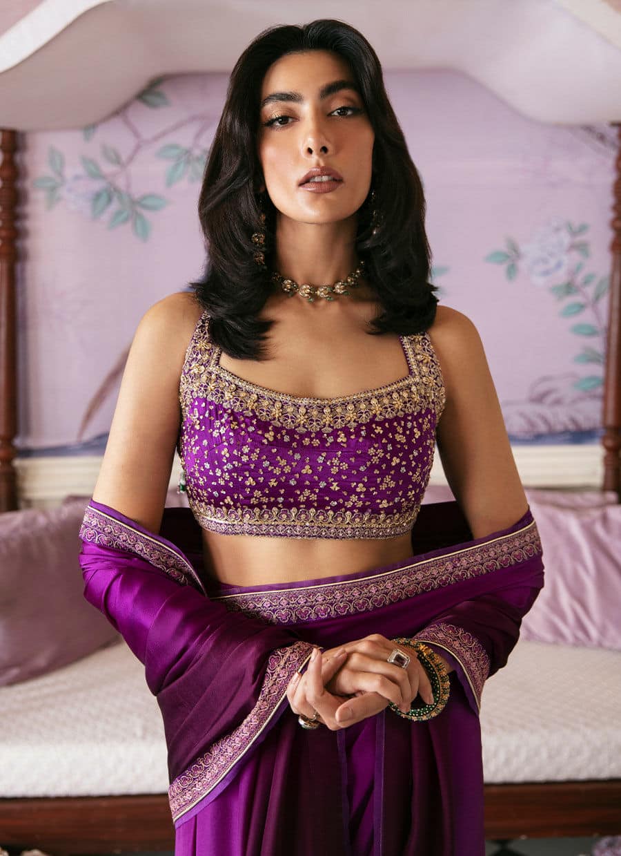 Farah Talib Aziz | Mayna Festive Luxe | AIGUL AUBERGINE SAREE