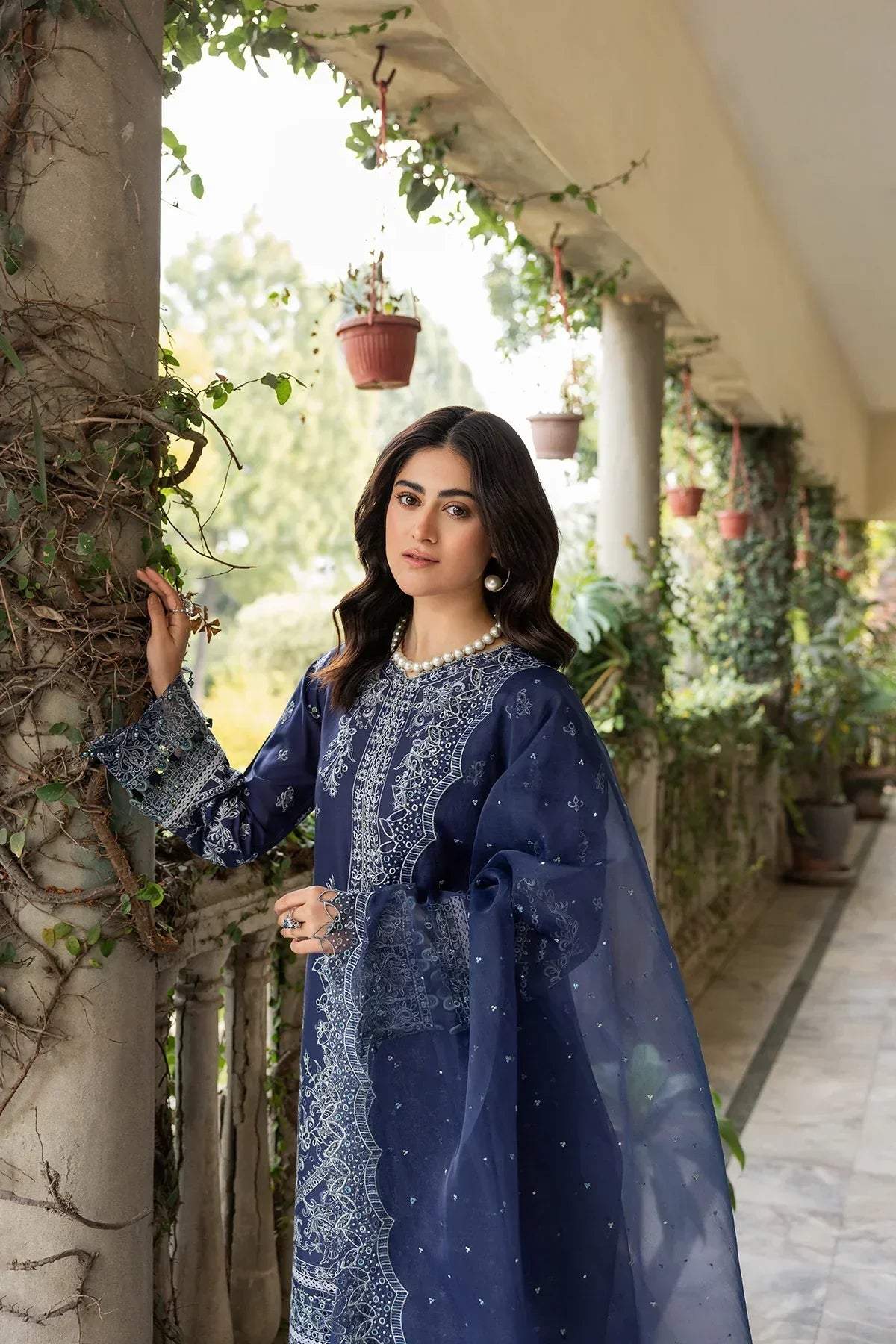 Farasha | Bahaar Embroidered Lawn | Blue Ochre - Ladies Clothes - Maria Faisal