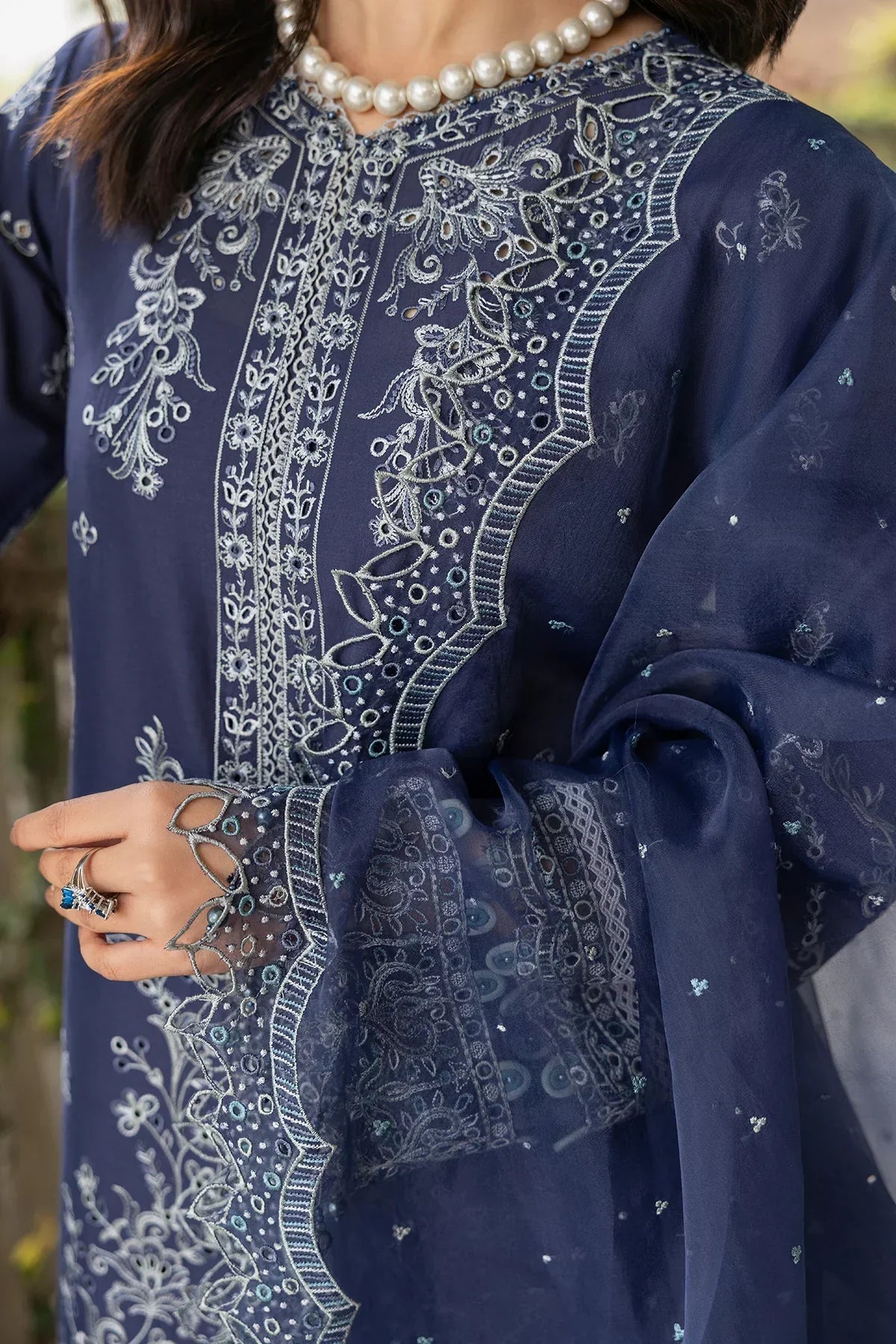 Farasha | Bahaar Embroidered Lawn | Blue Ochre - Ladies Clothes - Maria Faisal