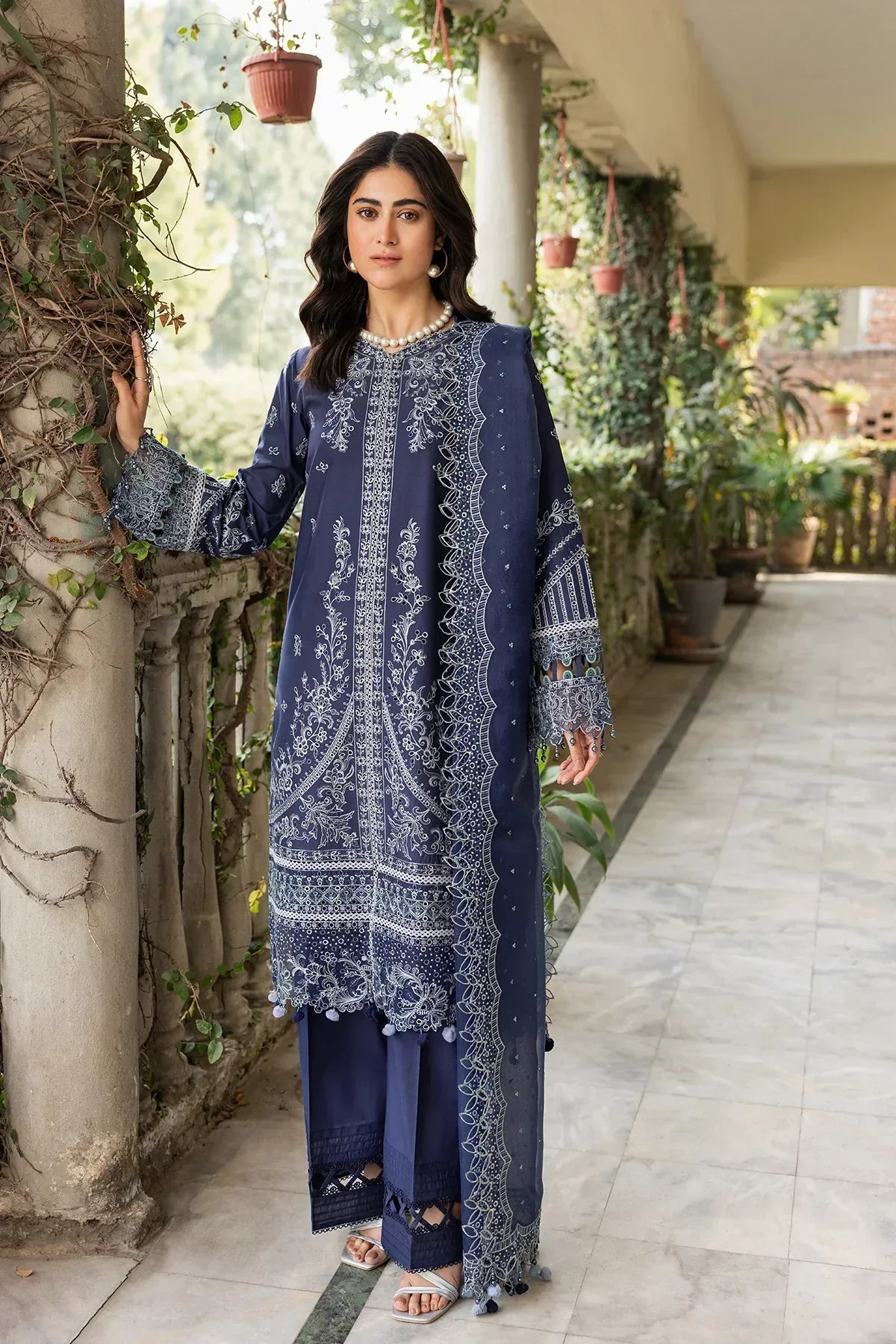 Farasha | Bahaar Embroidered Lawn | Blue Ochre - Ladies Clothes - Maria Faisal