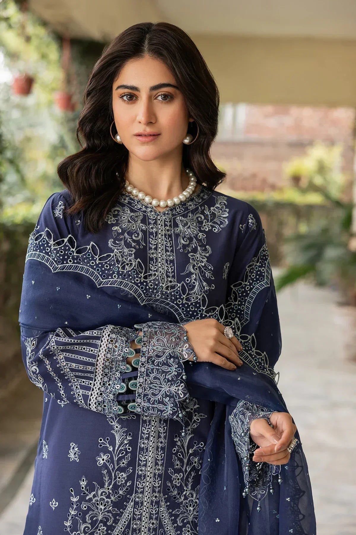 Farasha | Bahaar Embroidered Lawn | Blue Ochre - Ladies Clothes - Maria Faisal