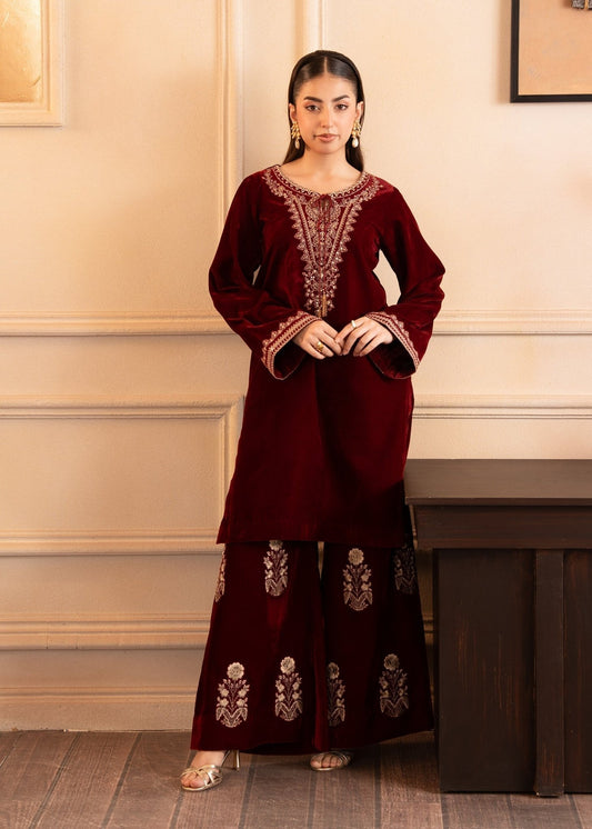 Fozia Khalid | The Velvet Rise 25 | CRIMSON GRACE - Formal Dress - available at Maria Faisal in UK and USA.