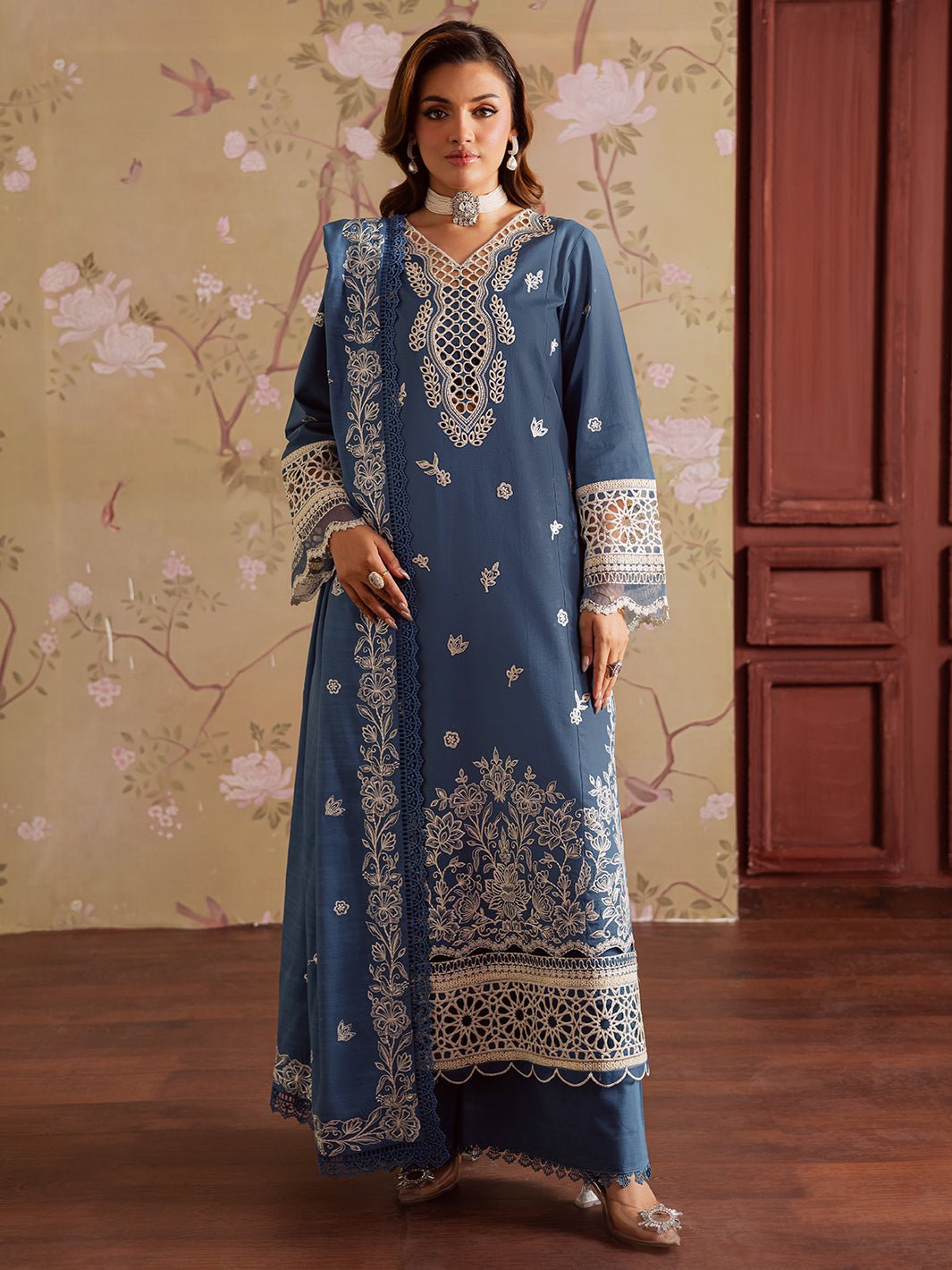 Mahnur | Nova Khaddar 25 | NK - 07 - is Denim Blue dress from Mahnur - Ladies Clothes - Maria Faisal
