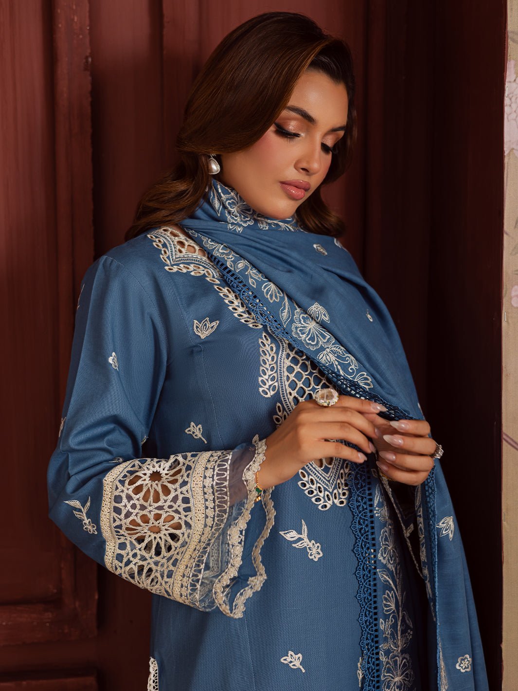 Mahnur | Nova Khaddar 25 | NK - 07 - is Denim Blue dress from Mahnur - Ladies Clothes - Maria Faisal