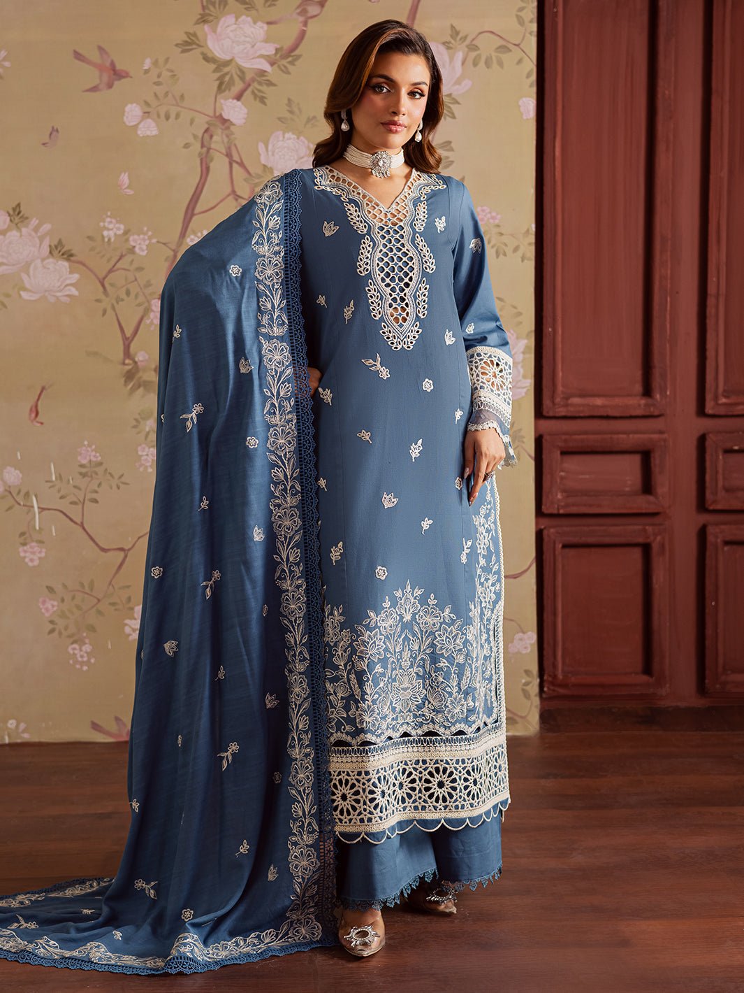 Mahnur | Nova Khaddar 25 | NK - 07 - is Denim Blue dress from Mahnur - Ladies Clothes - Maria Faisal