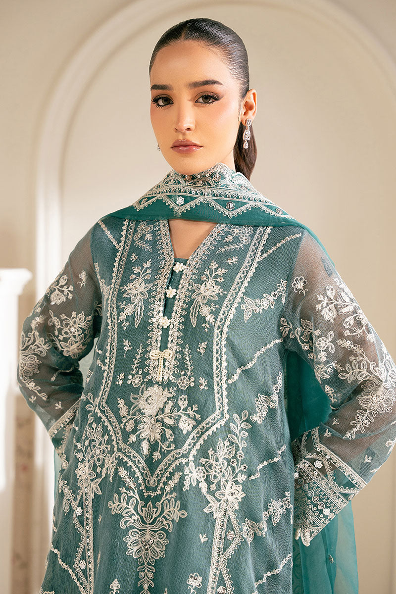 Cross Stitch | SS-25 RTS TO RTW EMB Chiffon ENG EDIT-2 | NORTH SEA - Luxury Dress - available at Maria Faisal in UK and USA.