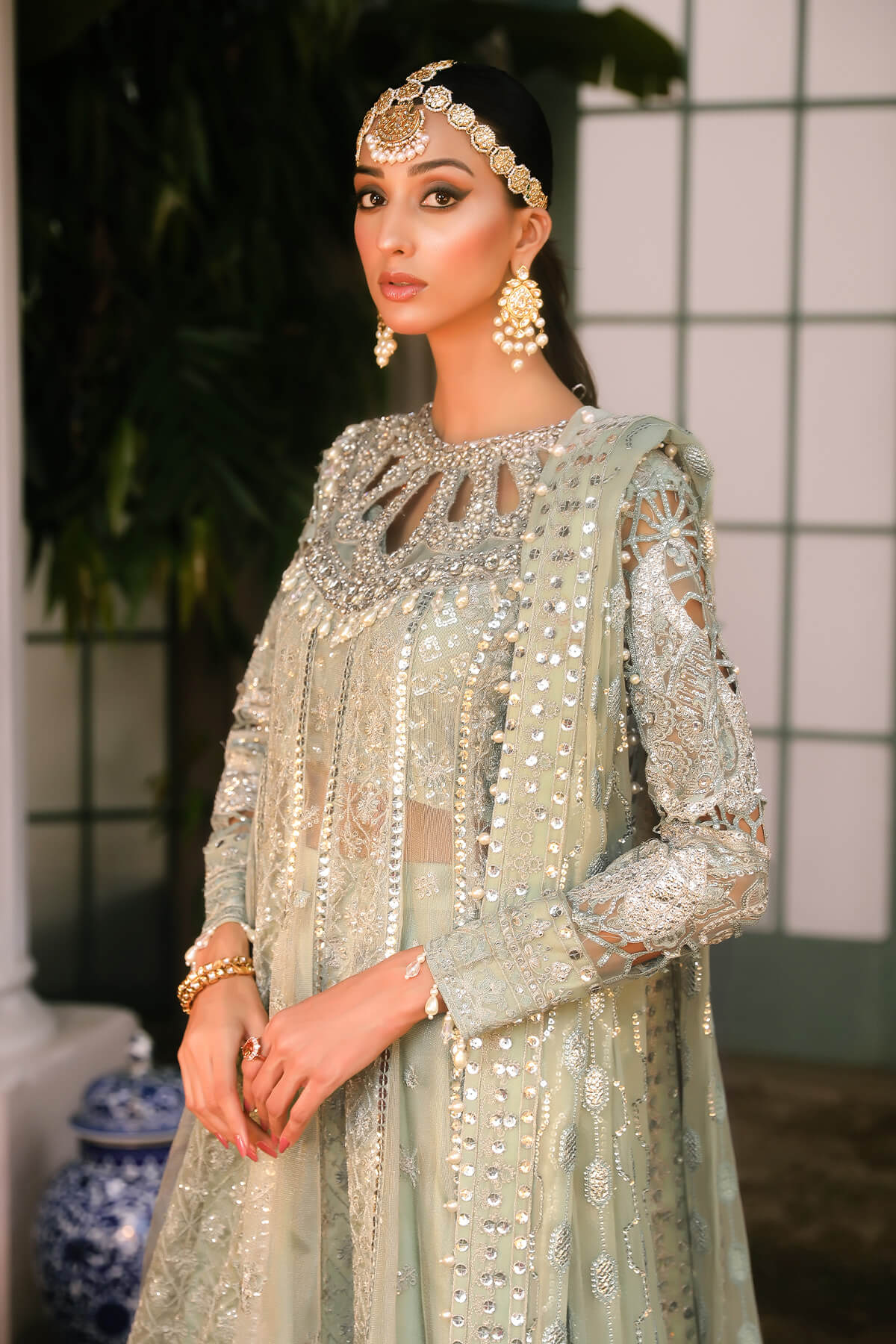 Raeesa Premium | Wajadan Wedding Formals | WD-2 Pea Green - Designer Dress with Intricate embroidery and embellishments. Shop elegent wedding dress at Maria Faisal.