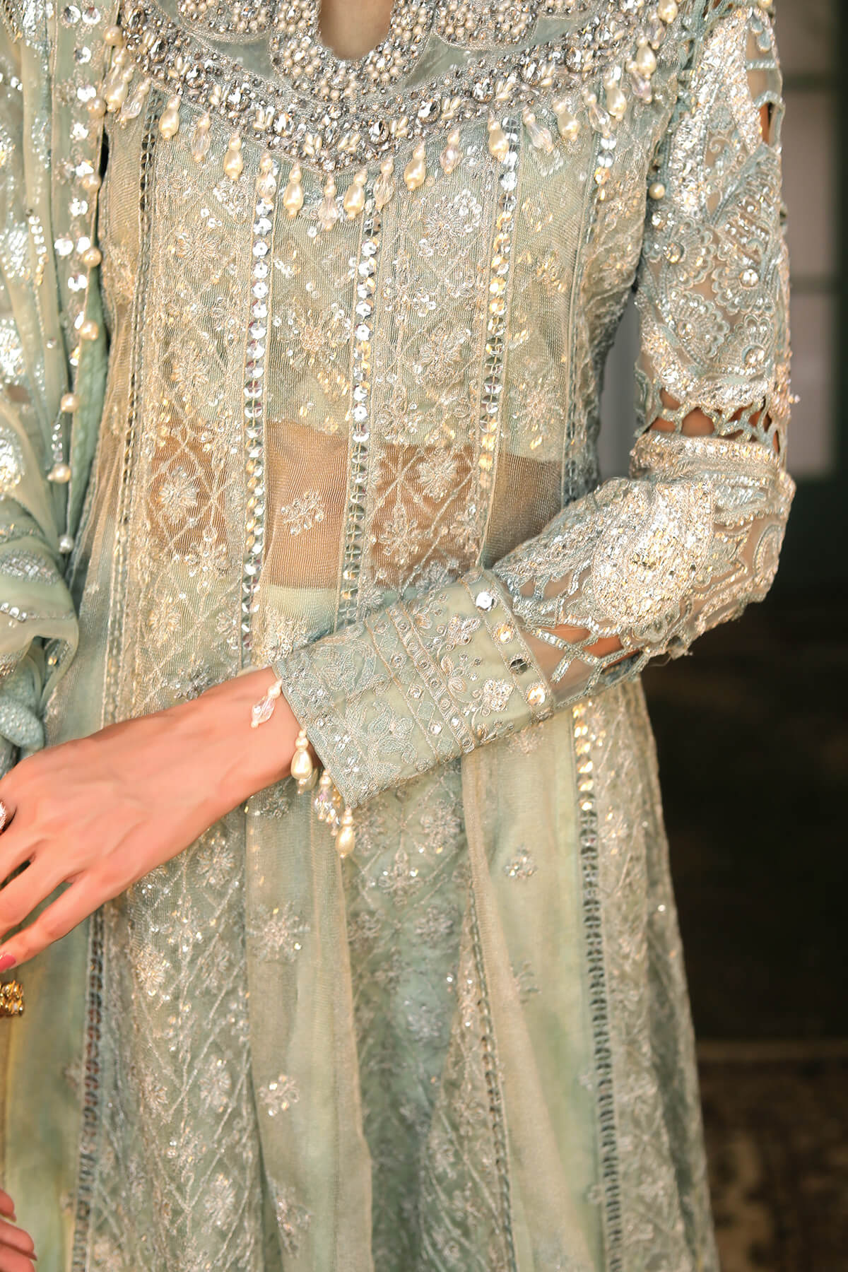 Raeesa Premium | Wajadan Wedding Formals | WD-2 Pea Green - Designer Dress with Intricate embroidery and embellishments. Shop elegent wedding dress at Maria Faisal.