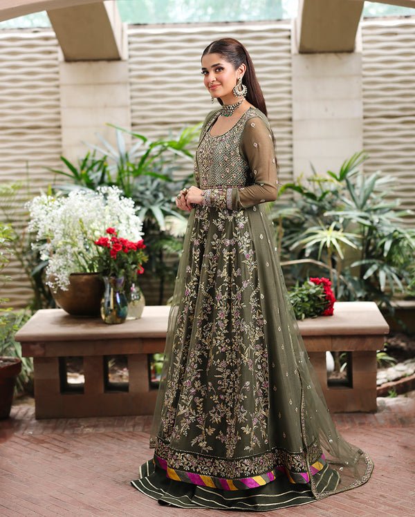 Roheenaz | Aangan Chiffon Collection 25 | Mehwar - is Olive Green dress from Roheenaz - Ladies Clothes - Maria Faisal