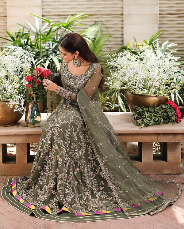 Roheenaz | Aangan Chiffon Collection 25 | Mehwar - is Olive Green dress from Roheenaz - Ladies Clothes - Maria Faisal