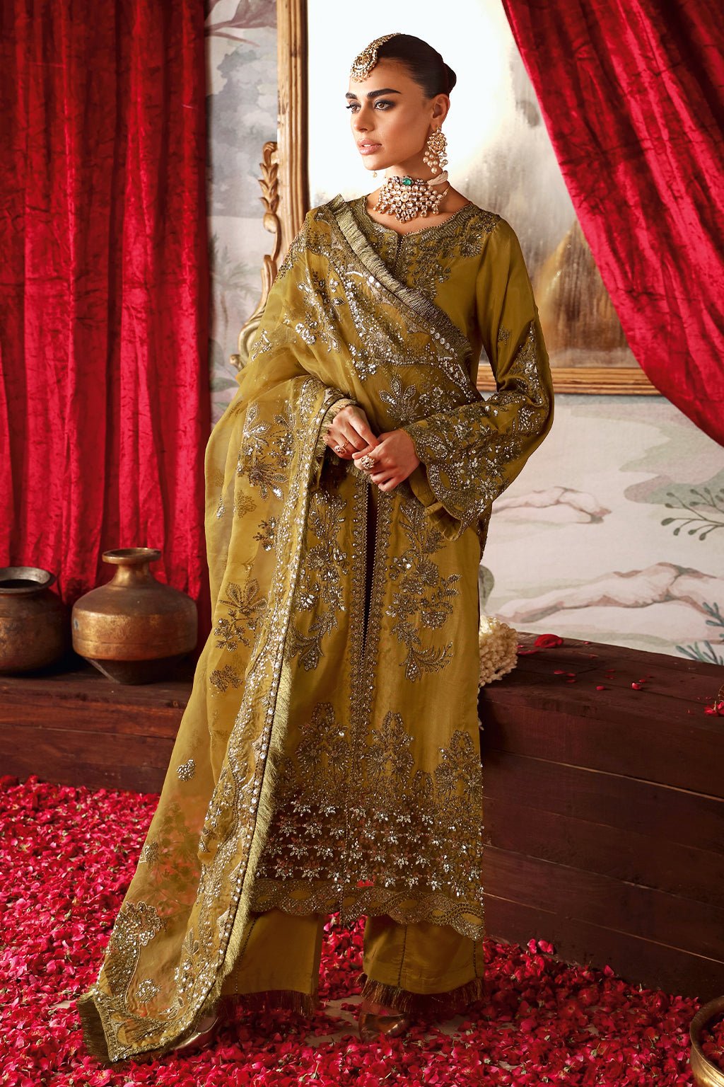 Shagna | Premium Raw Silk | Maya S - 07 - is Olive Green dress from Shagna - Ladies Clothes - Maria Faisal