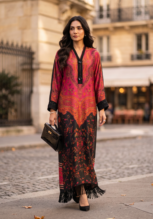 Zarqash | Silk Edit 26 | Crimson Caravan - Luxury Dress - available at Maria Faisal in UK and USA.